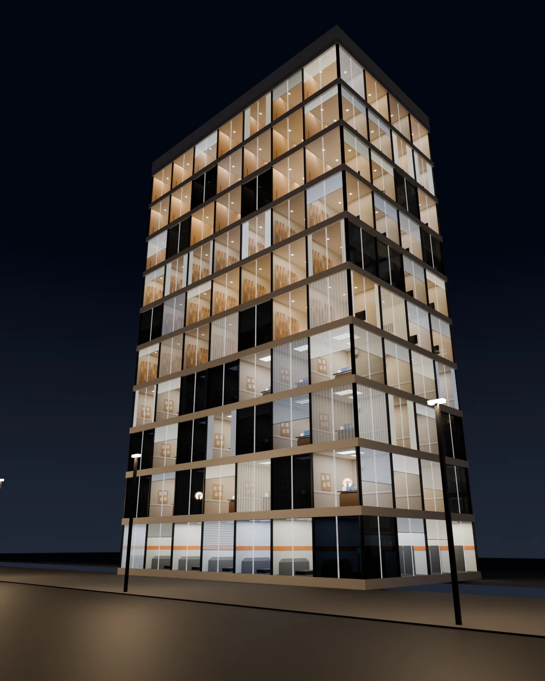 Q-Maps: edificio de noche con interiores en todas las ventanas