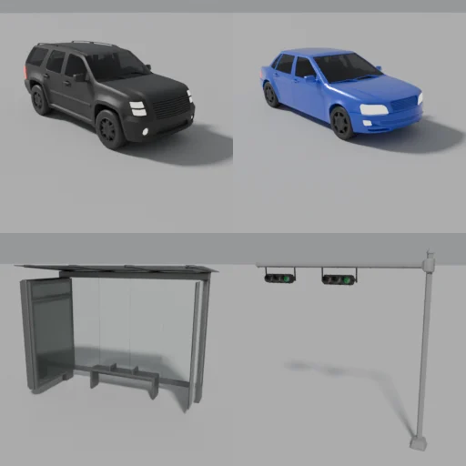 Autos y mobiliario urbano: SUV, sedán, parada de autobús y semáforo