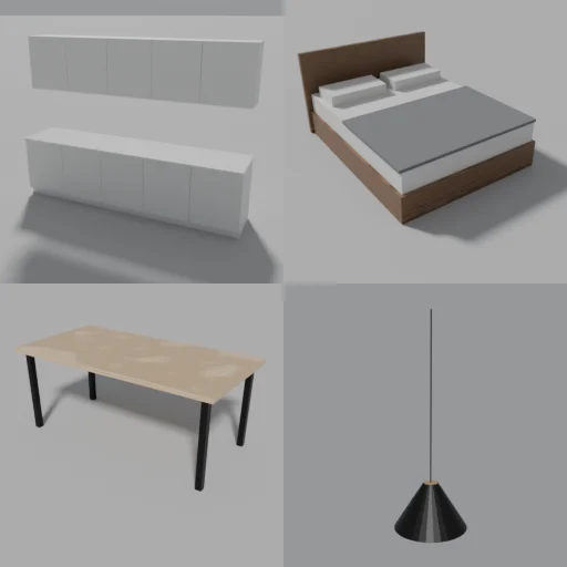 Interiores paramétricos: cocina, cama, mesa y lámpara