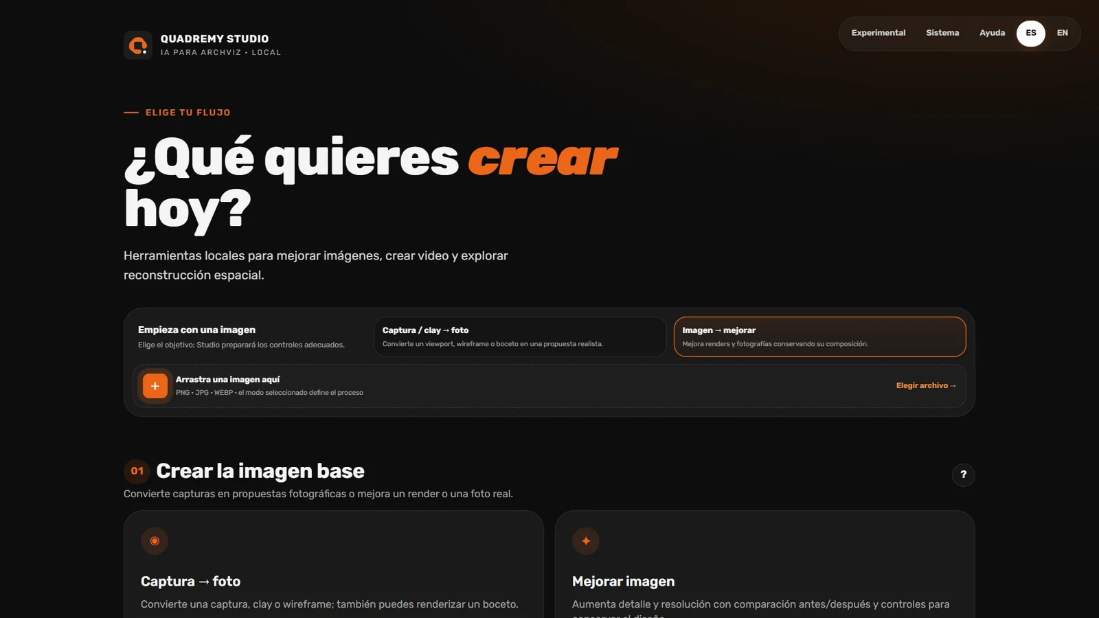 Pantalla de inicio de Quadremy Studio: ¿Qué quieres crear hoy?