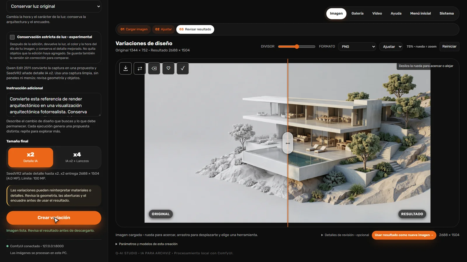 Espacio de trabajo de Quadremy Studio con el comparador antes y después